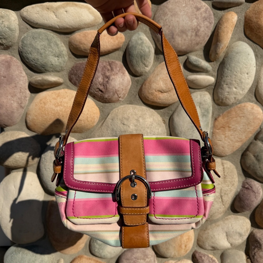 Vtg Coach Hamptons Pink Striped Soho Canvas Leather Buckle Shoulder Bag 1887 Y2K